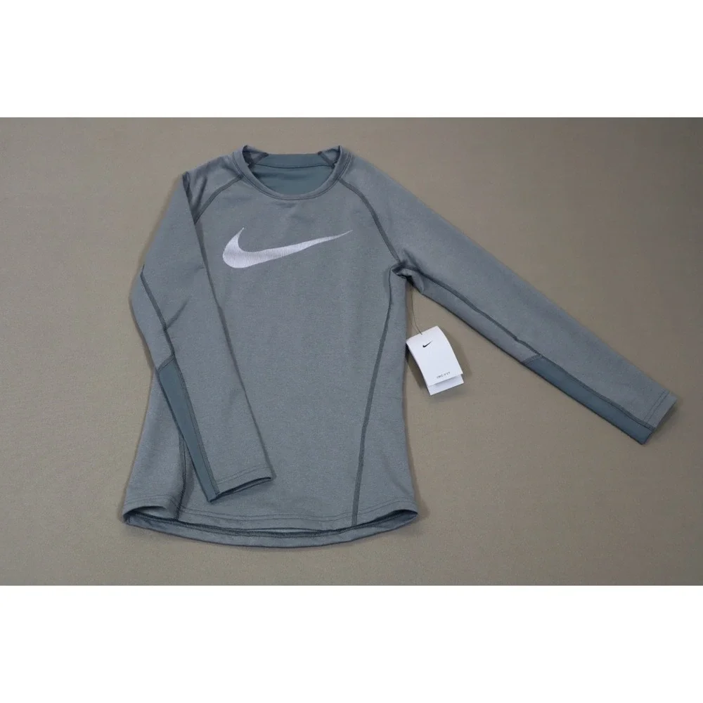 Nike Boys Grey Pro Warm Standard-Fit‎ Logo-Print Long-Sleeve T-Shirt Size L